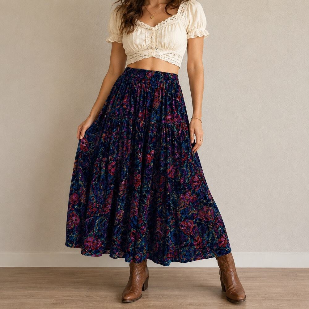 PHOOL Navy Abstract Floral Velvet Burnout Jewel Tone Boho Midi Skirt Sz S - Picture 1 of 9